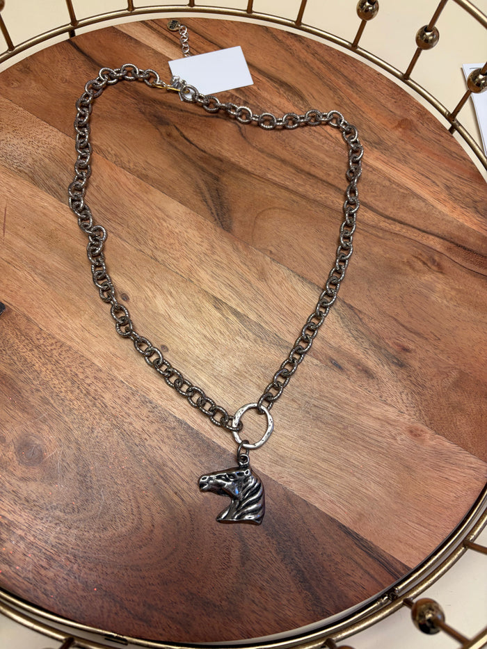 Lula 'n' Lee horsehead pendant necklace featuring a detailed horsehead charm on a silver chain.