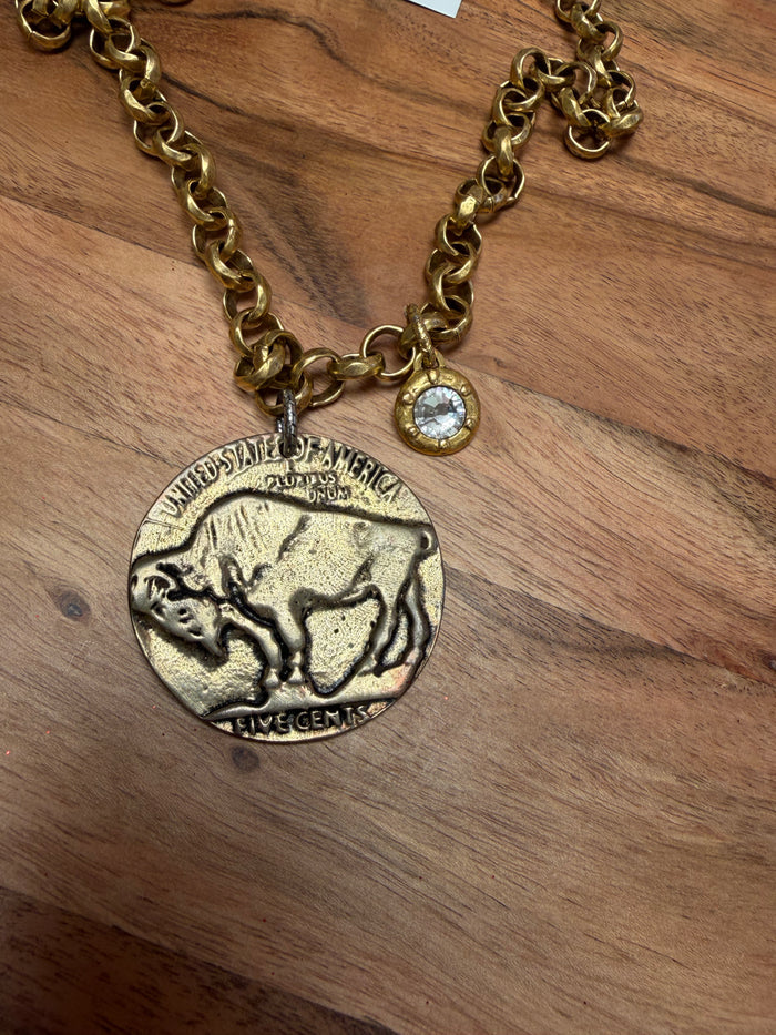 Buffalo Coin and Crystal Necklace by Lula 'n' Lee featuring a coin pendant and sparkling crystals on a silver chain.
