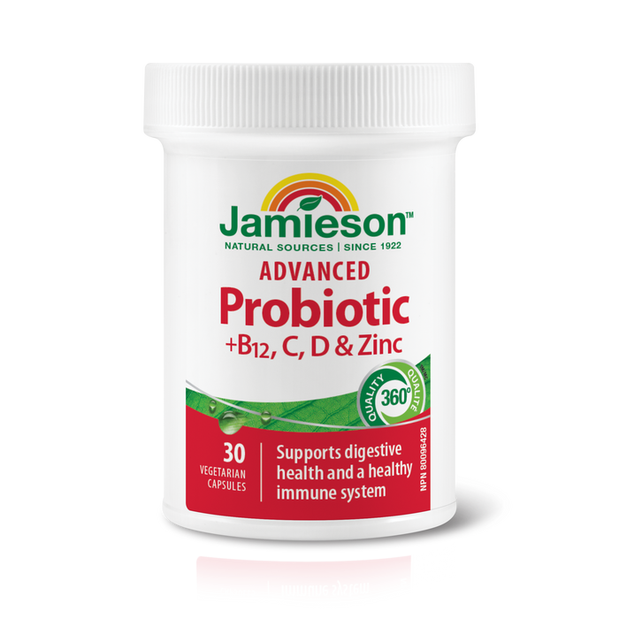 31000108 Jamieson Advanced Probiotic + Vitamins B12, C, D, & Zinc 10 Billion CFU, 30 ct 10007_R2073_Advanced_Probiotic+BCDZinc_112mL_BTL_ALT