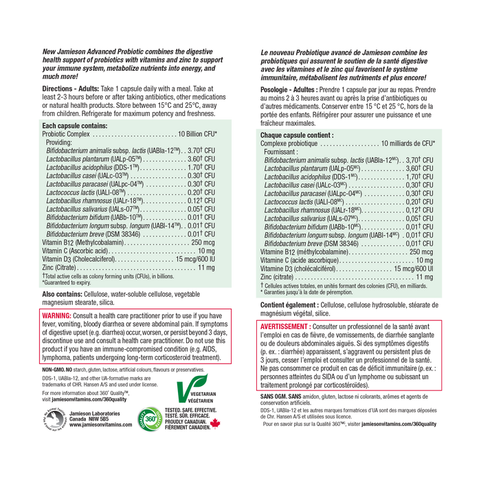 31000108 Jamieson Advanced Probiotic + Vitamins B12, C, D, & Zinc 10 Billion CFU, 30 ct 10007_NFP2