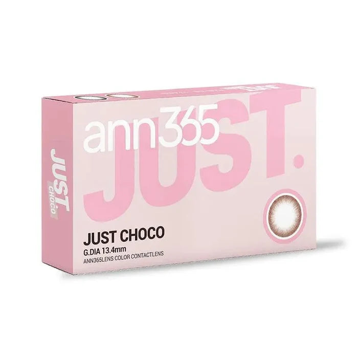 Ann365 JUST Choco Color Contact Lens pink box in a white plain backrgound
