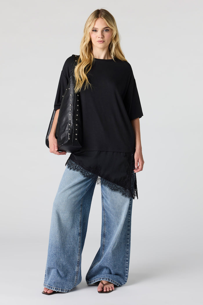 Asymmetrical Lace Hem T-Shirt