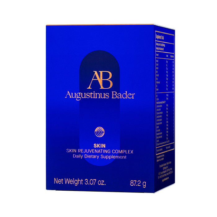 Augustinus Bader Skin Rejuvenating Complex daily dietary supplement box, blue with gold text