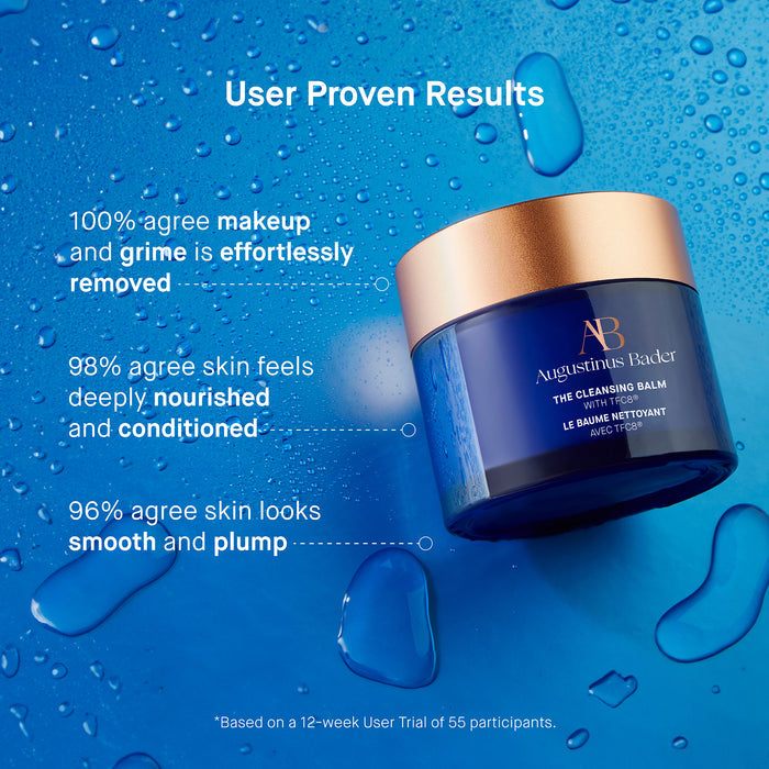 Augustinus Bader The Cleansing Balm jar with user trial results on blue background