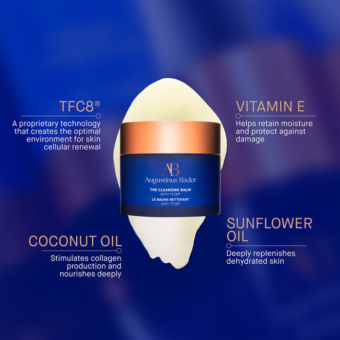 Augustinus Bader The Cleansing Balm jar with TFC8, vitamin E, coconut oil and sunflower oil callouts