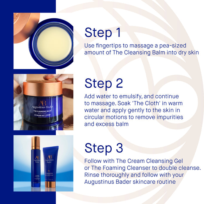 Augustinus Bader The Cleansing Balm usage steps with jar, balm texture, and cleansing products