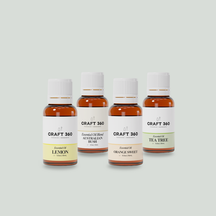 A collection of 4 bottles of Essential Oils from Craft 360 for clean air. Lemon, Australian Bush Blend, Tea Tree, Orange.