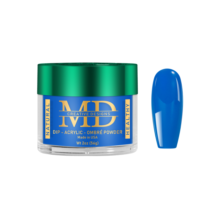Blue nail powder in a container with a matching blue nail tip color swatch on a white background