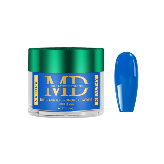 Blue nail powder in a container with a matching blue nail tip color swatch on a white background
