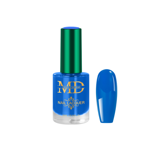 Blue nail polish bottle with green cap on a white background