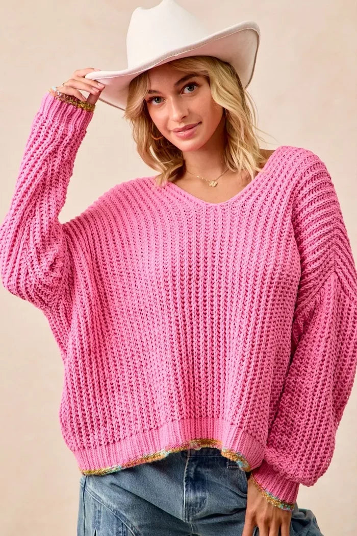 BiBi V-Neck Sweater with Colorful Trim