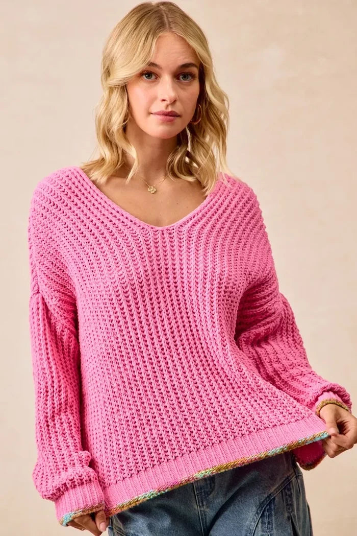 BiBi V-Neck Sweater with Colorful Trim