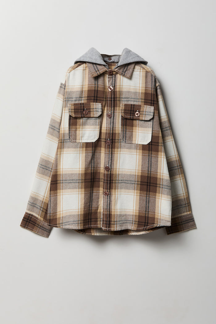 Boys Plaid Flannel Hooded Button-Up Top
