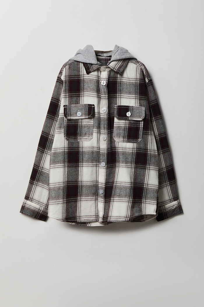 Boys Plaid Flannel Hooded Button-Up Top