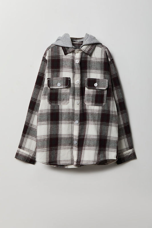 Boys Plaid Flannel Hooded Button-Up Top