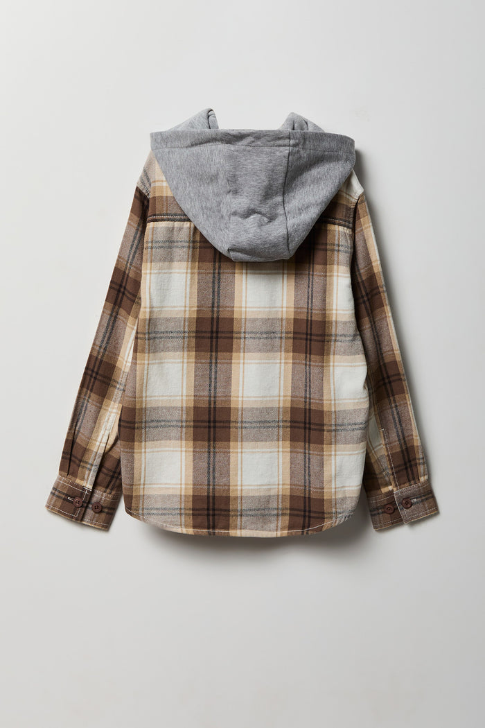 Boys Plaid Flannel Hooded Button-Up Top