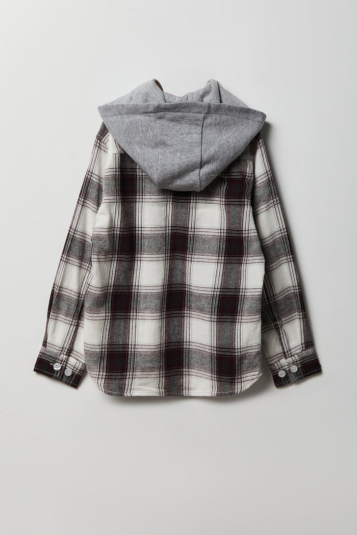 Boys Plaid Flannel Hooded Button-Up Top