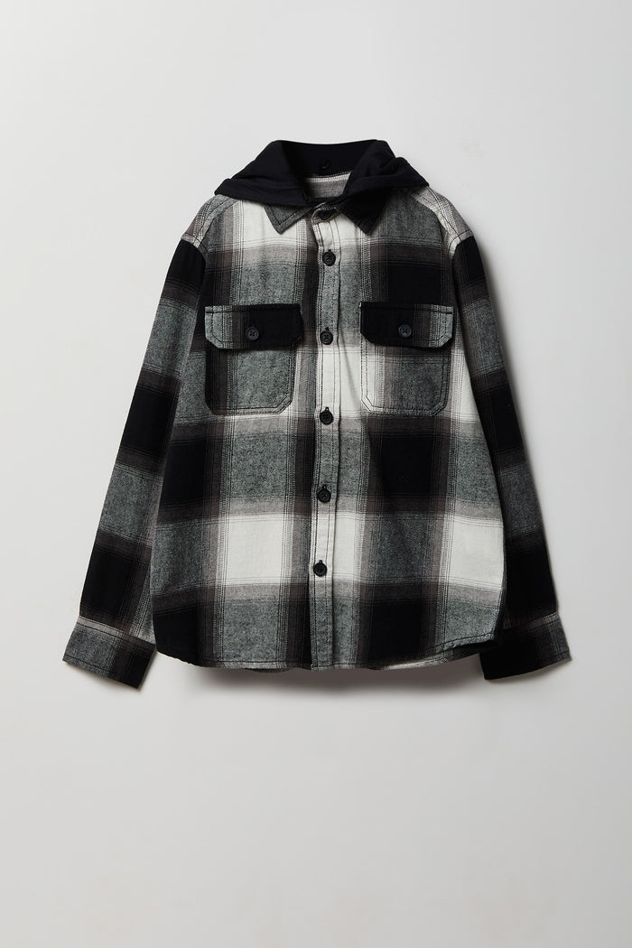 Boys Plaid Flannel Hooded Button-Up Top