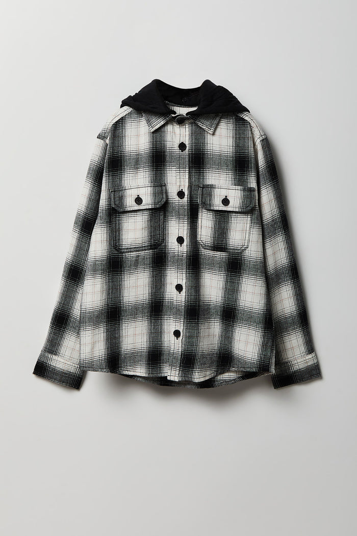 Boys Plaid Flannel Hooded Button-Up Top