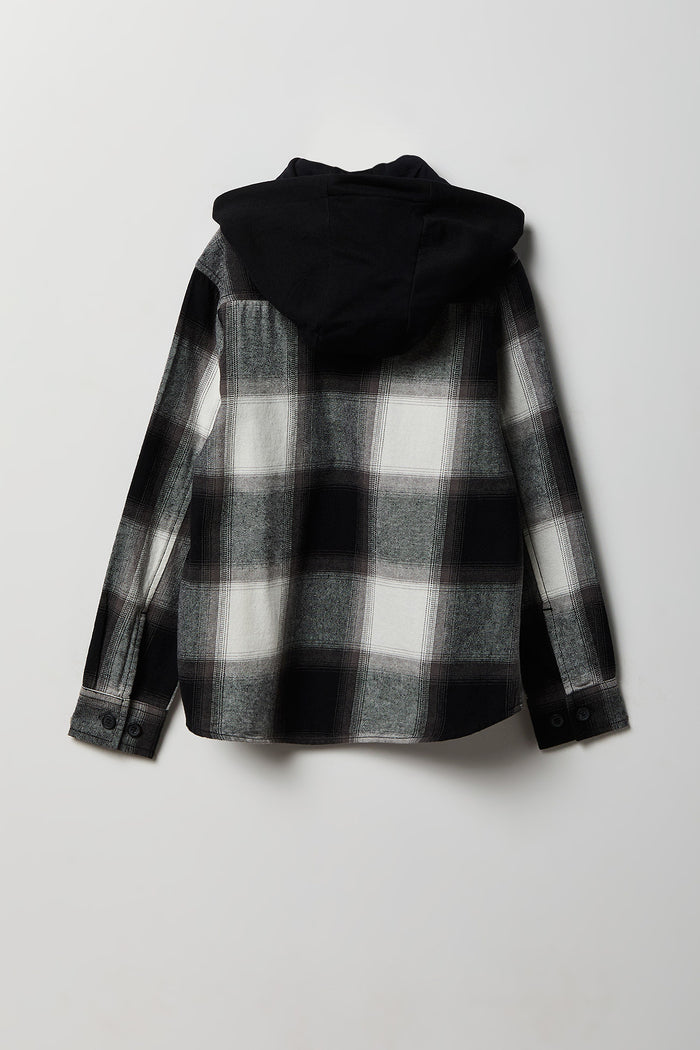 Boys Plaid Flannel Hooded Button-Up Top