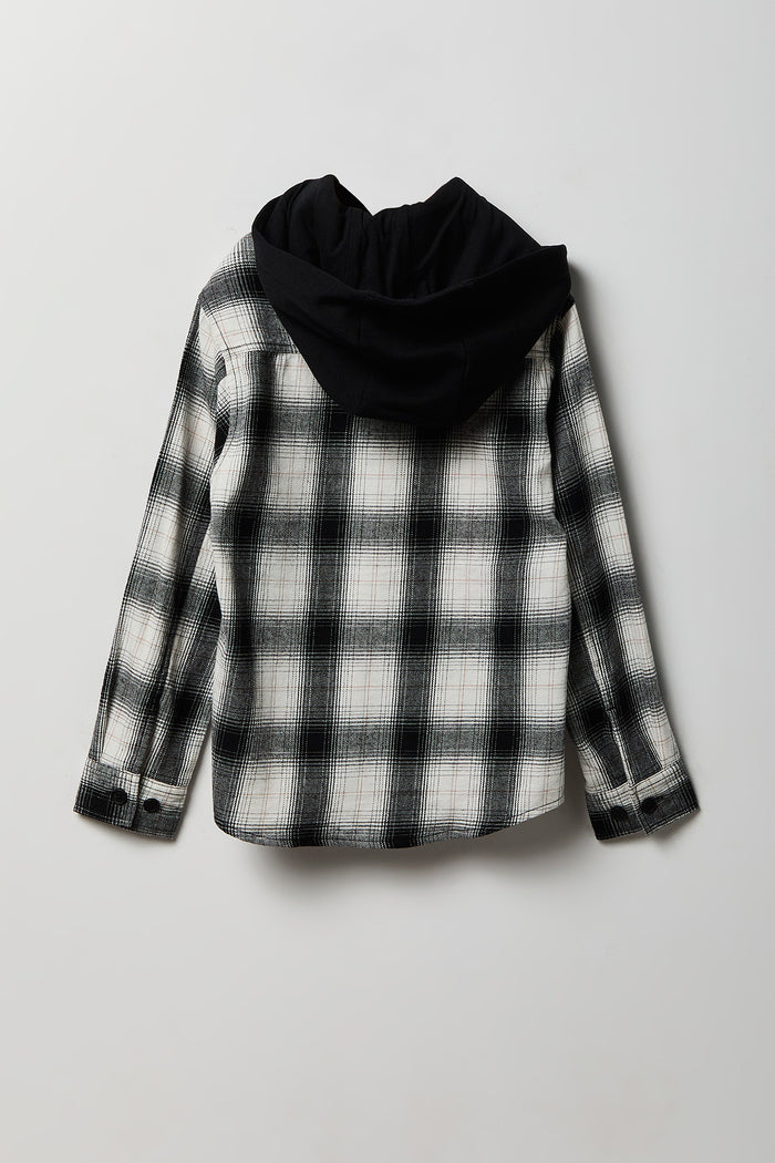 Boys Plaid Flannel Hooded Button-Up Top