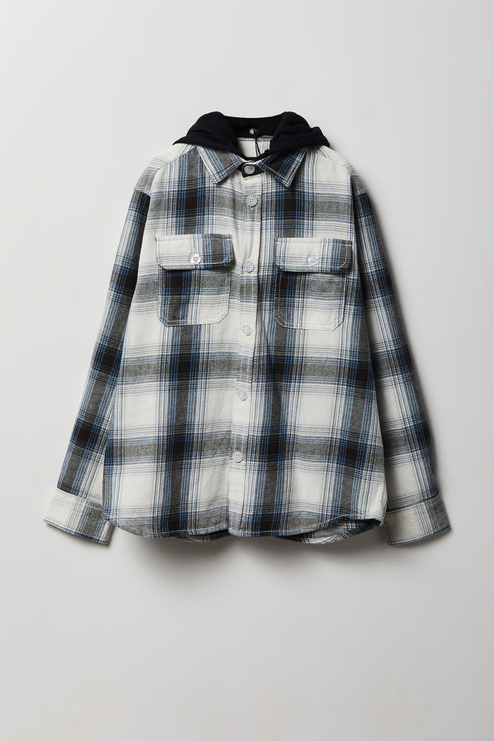 Boys Plaid Flannel Hooded Button-Up Top