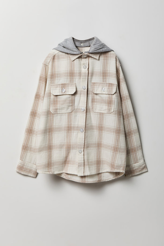 Boys Plaid Flannel Hooded Button-Up Top