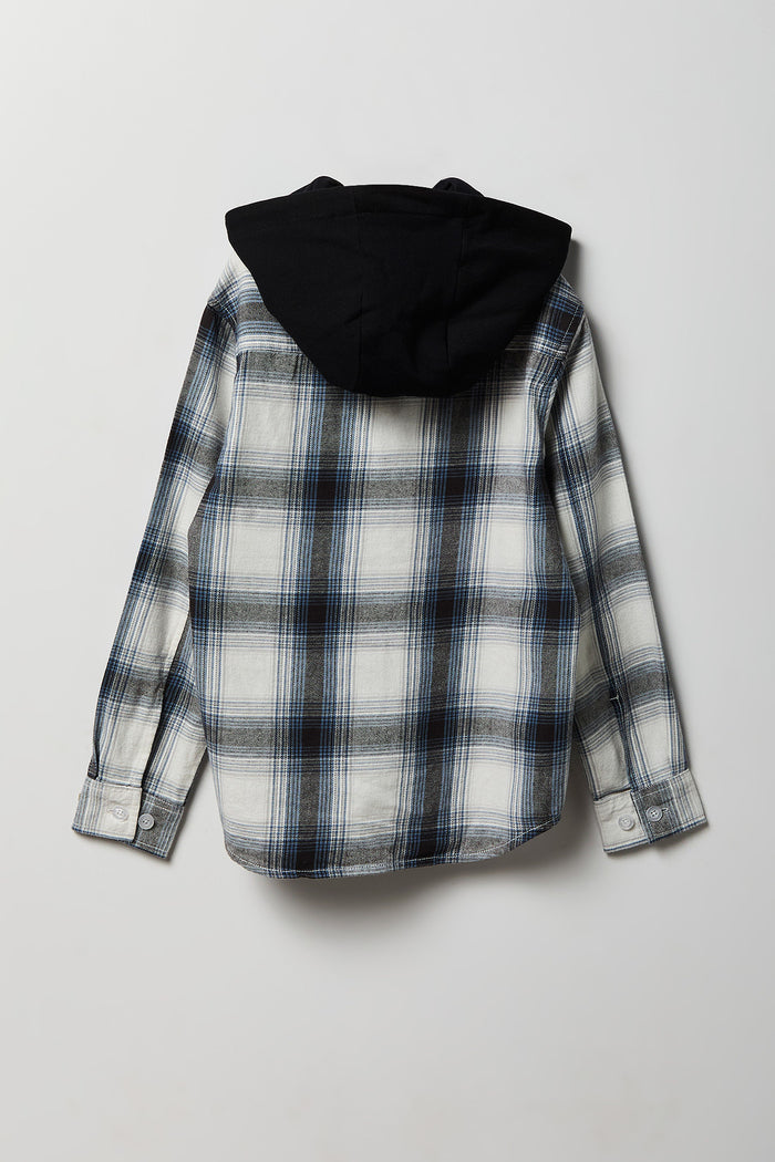 Boys Plaid Flannel Hooded Button-Up Top