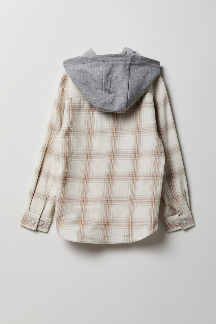 Boys Plaid Flannel Hooded Button-Up Top