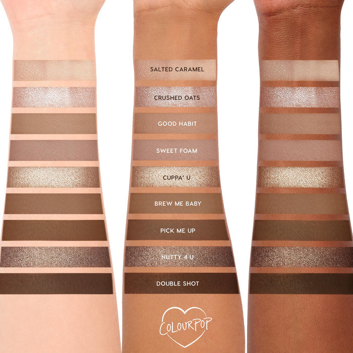 Brewtiful Neutrals Shadow Palette Set by ColourPop swatched on three forearms - light, medium, and deep skin tones - showing 10 coffee-inspired neutral shades from Salted Caramel to Double Shot in matte, shimmer, and metallic finishes.