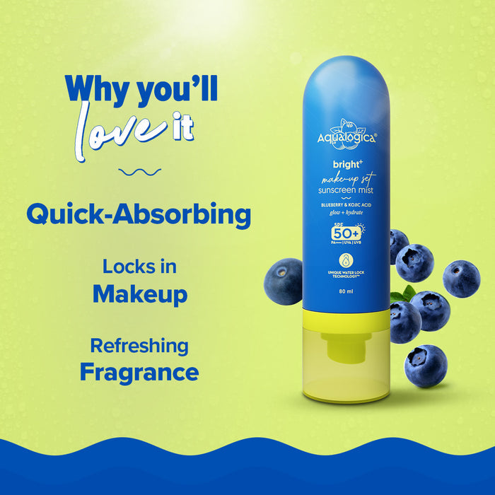 Blue sunscreen mist bottle with blueberries on a green background.