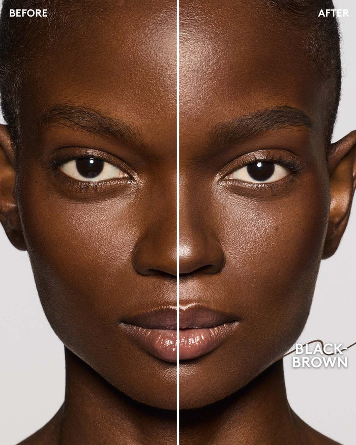 before and after of deep skin toned model wearing brow MVP in black-brown