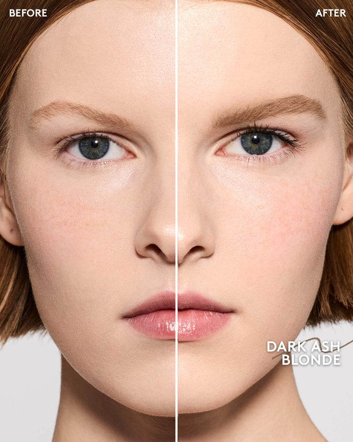 before and after of light skin toned model wearing brow MVP in dark ash blonde