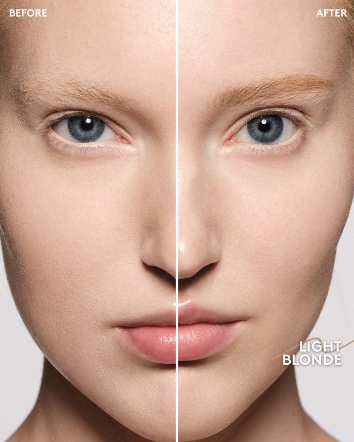 before and after of light skin toned model wearing brow MVP in light blonde
