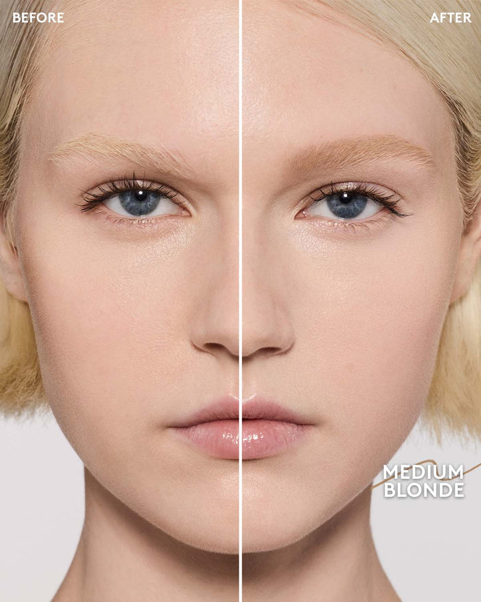 before and after of light skin toned model wearing brow MVP in medium blonde