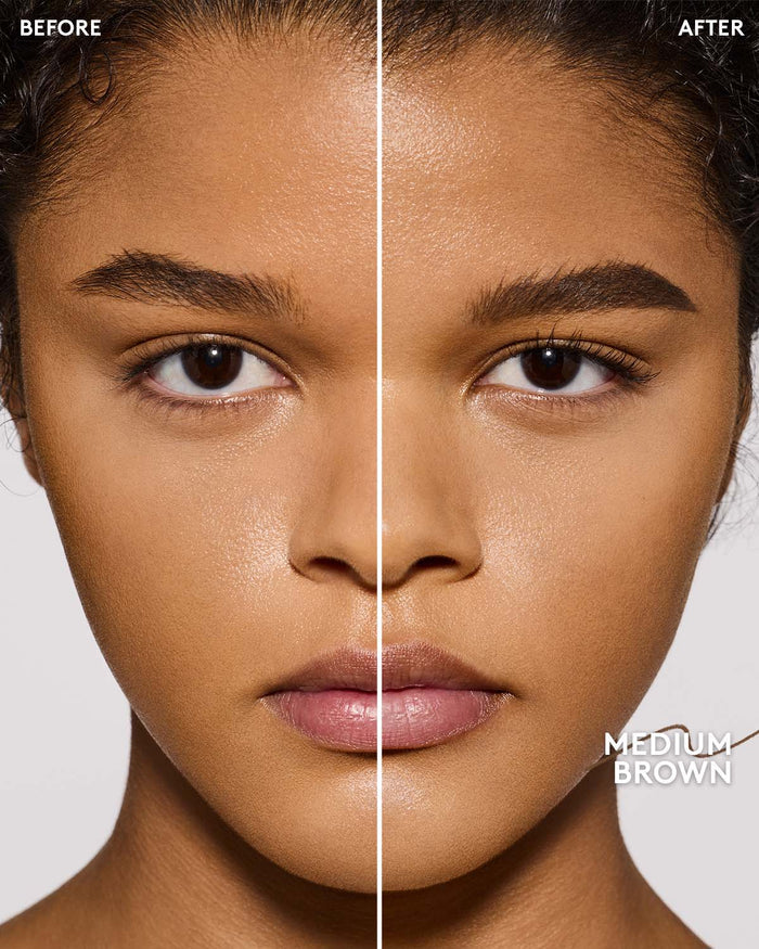 before and after of medium skin toned model wearing brow MVP in medium brown