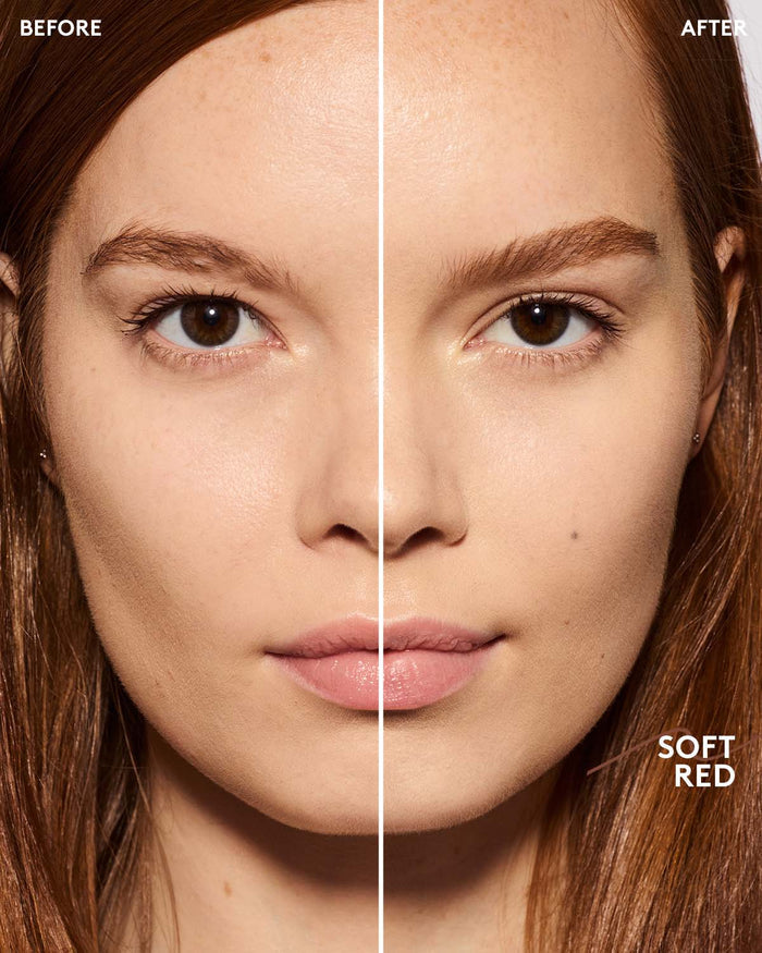 before and after of light skin toned model wearing brow MVP in soft red