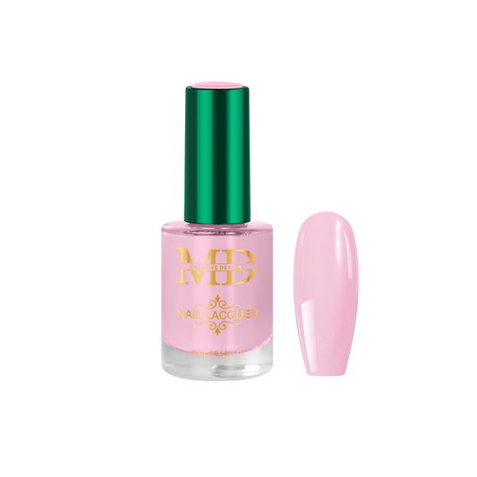 Pink nail polish bottle with green cap on a white background
