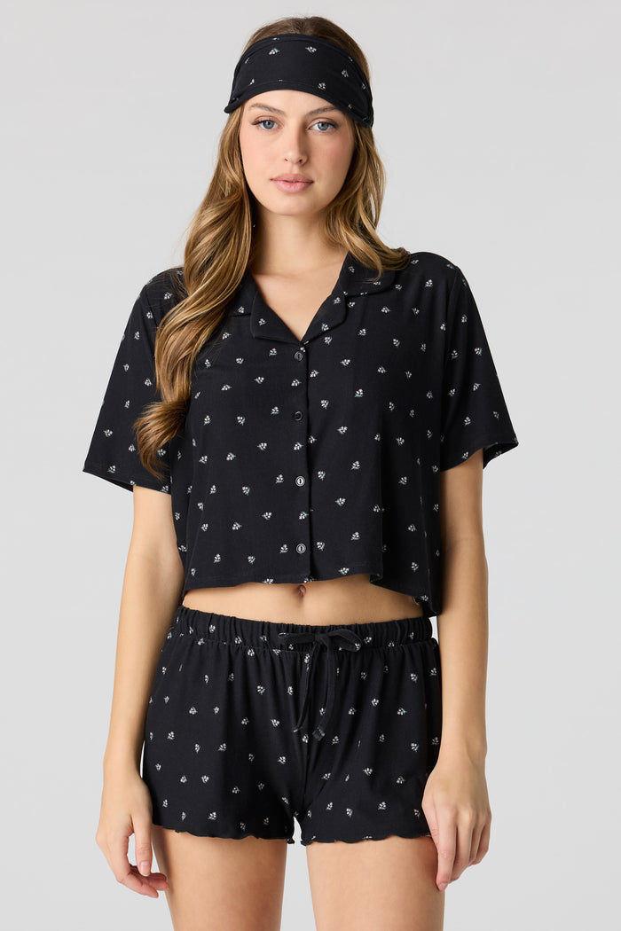 Button-Up Top & Short & Sleep Mask Pajama Set