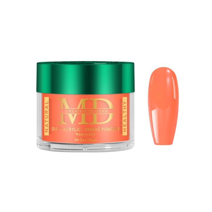 Jar of MD nail powder with an orange-colored nail tip color swatch on a white background