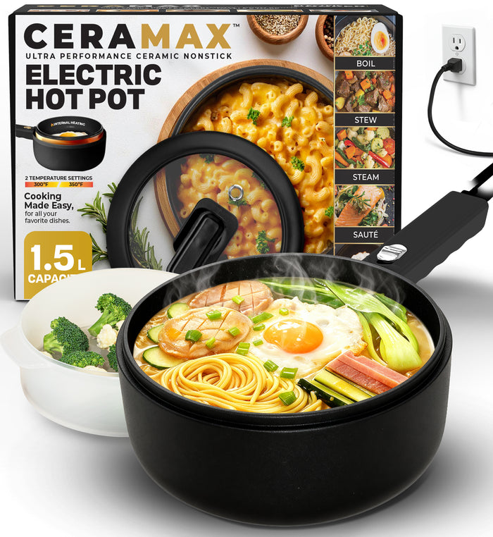 Ceramax Electric Cooker Nonstick Ceramic Skillet Pan Hot Pot Mini Cooker with Lid Steamer