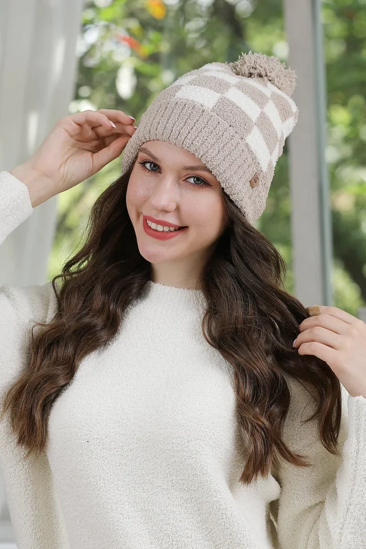 Checkerboard Pom Beanie