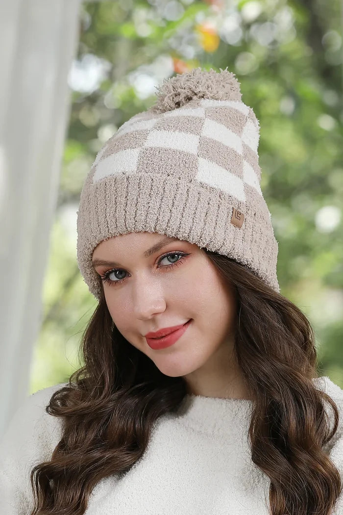 Checkerboard Pom Beanie