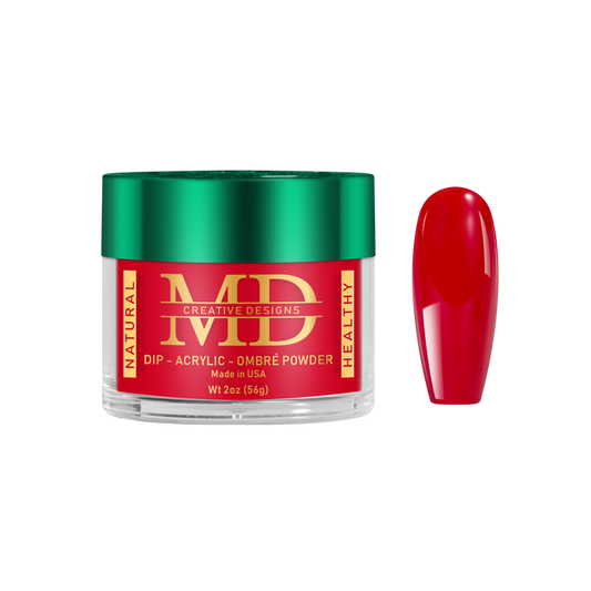 Red nail powder in a container with a matching red nail tip color swatch on a white background
