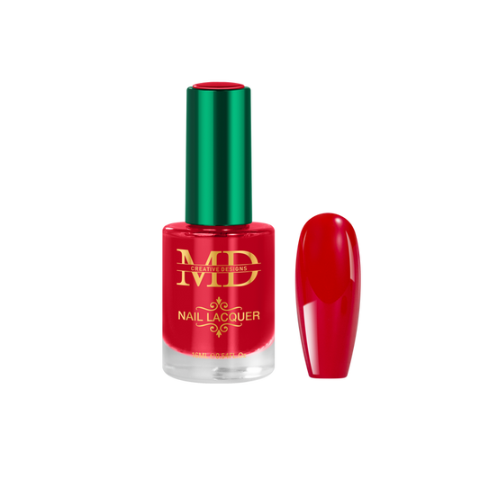 Red nail polish bottle with green cap on a white background