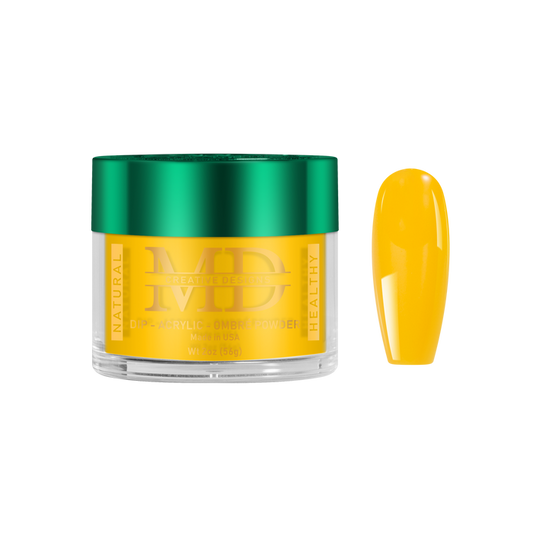 Yellow nail powder in a container with a yellow nail tip color swatch on a white background