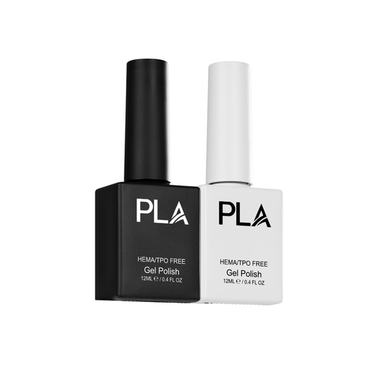 Two bottles of PLA brand Hema-TPO Free Gel Polish, one in a black bottle and one in a white bottle, shown side-by-side on a plain white background.