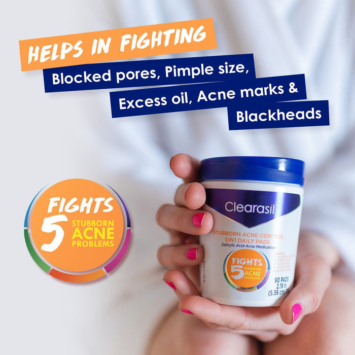 CLEARASIL STUBBORN ACNE CONTROL 5 IN 1 DAILY PADS  شرائح قطنية مشبعة بالساليسلك اسد