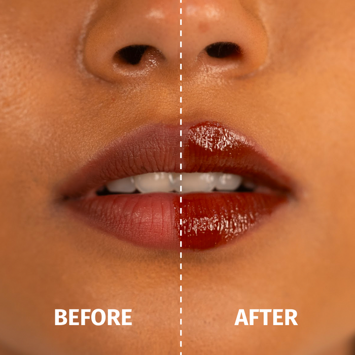 Before and after applying Vilvah Cream Bun Lip Balm