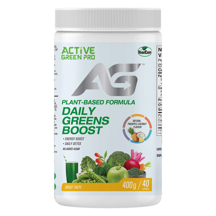Tub of Active Green Pro Daily Greens Boost Pineapple Coconut 400g
